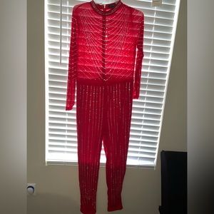 Fashion nova pant and long sleeve romper. Red. Rhinestone. Mesh.
